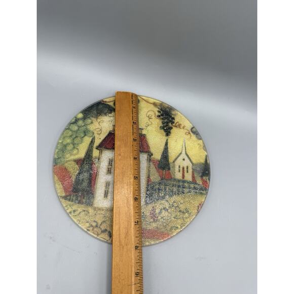 Vintage Round Glass Trivet Hot Plate Country Farmhouse Scene 7.5” Kitchen Decor - Picture 3 of 3